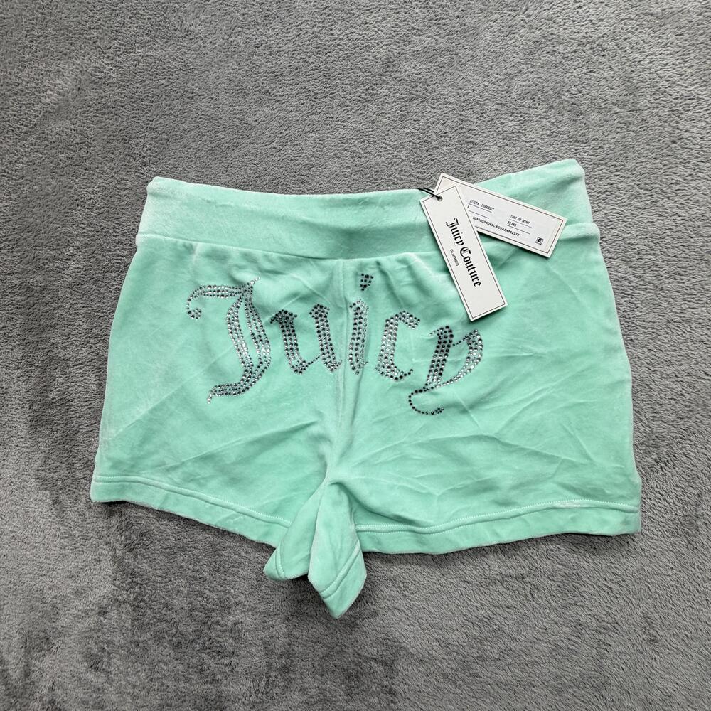 Juicy Couture Shorts Womens S Mint Velour Rhinestone Logo Pockets Drawstring